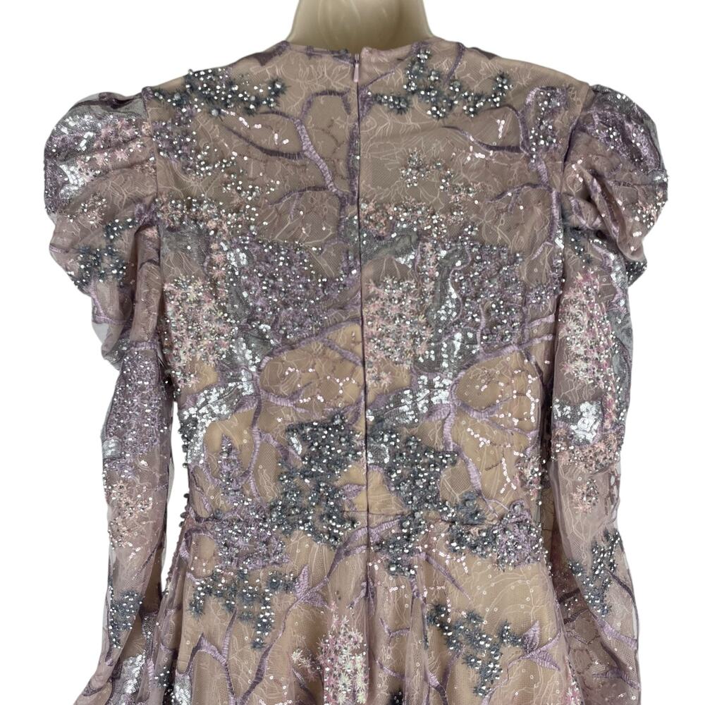 Mac Duggal Embellished High Neck Puff Sleeve A-Line Dress Taupe Size 6 - Picture 11 of 14